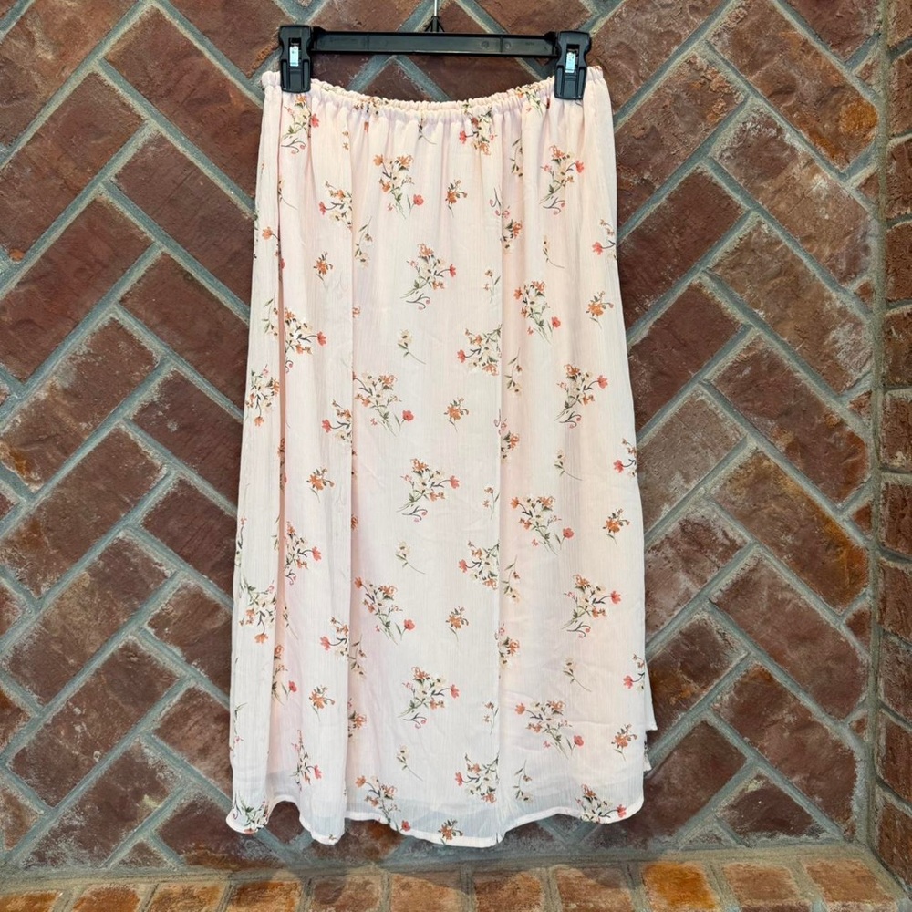 Light Pink Floral Elastic-Waist Midi Skirt